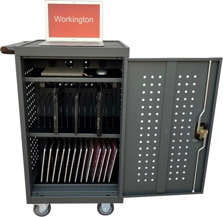Workington 30-Bay Mobile School Charging Cart Station for Chromebook, Tablet and Laptop Computer with Power Strip Included, Assembly Required, 1001 Dark Gray