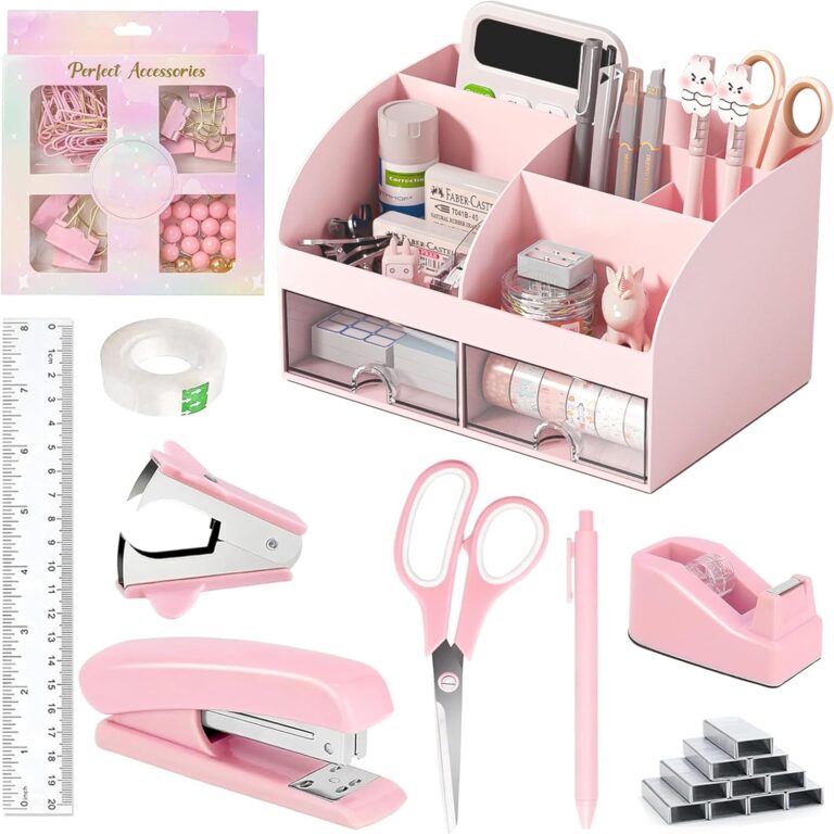 Desk Accessories with Pen Holder, Office Supplies Desk Organizers and Accessories, Tape Dispenser, Stapler, Staple Remover, Staples, Clips Set, Ruler, Scissor, Pen, Tape (Pink)