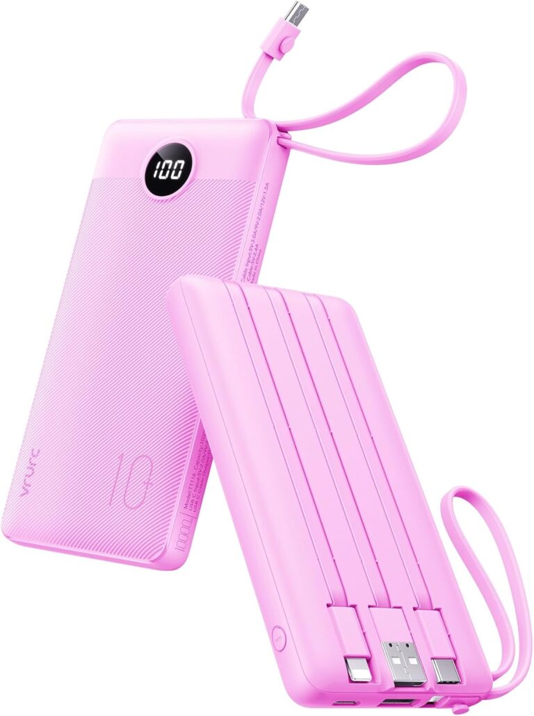 VRURC Portable Charger 10000mAh, Travel Essentials Battery Pack, 5 Output 2 Input Power Bank, Built-in Micro & USB C Cables Phone Charger Compatible with iPhone,Samsung,Android-Purple(1 Pack)