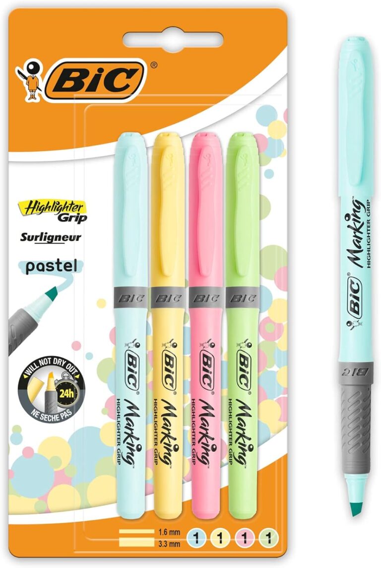 BIC Highlighters Pastel Colours – Grip Highlighter Pens Multipack – Stationery Supplies Pack of 4