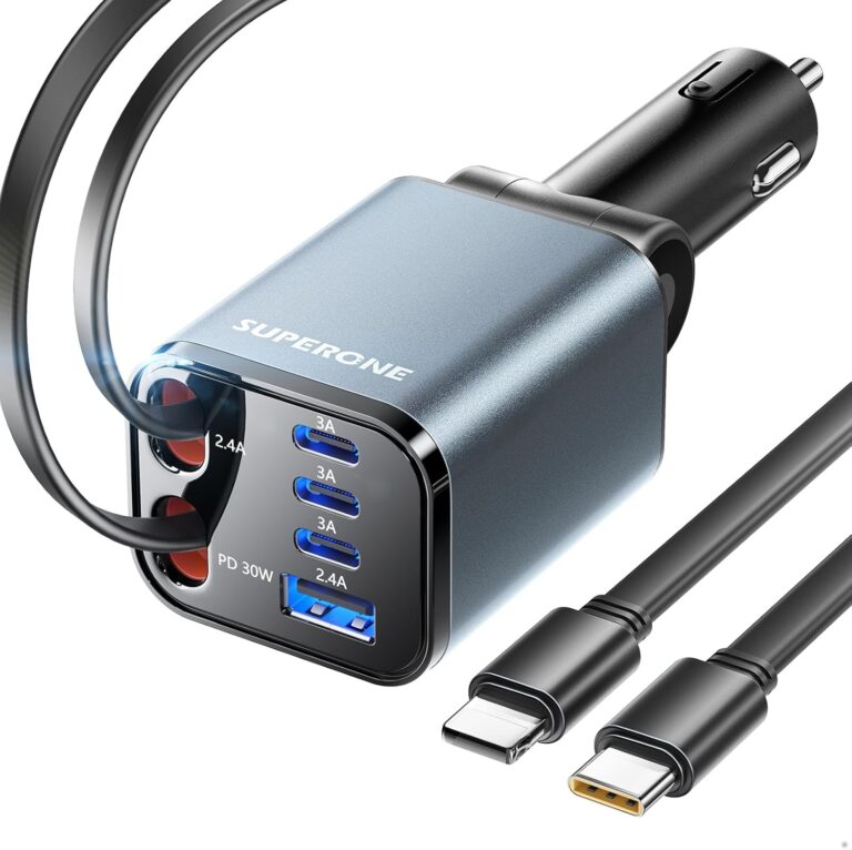 SUPERONE Retractable Car Charger, [Ultra-Compact] 6-Port Car Charger USB C, Phone Car Chargers Fast Charging with USB C & Apple Cable, Car Accessories Phone Chargers for 17/16/15/14/13/12 Series