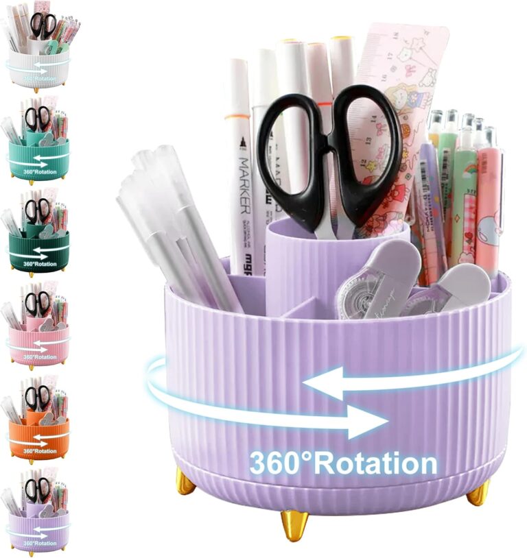 Cayxenful 360°Degree Rotating Desk Organiser, Pen holder with 5 Slots, Desktop Storage Tidy Organisers for Stationery, Makeup, Caddy, Pen, and Office Accessories (Purple)