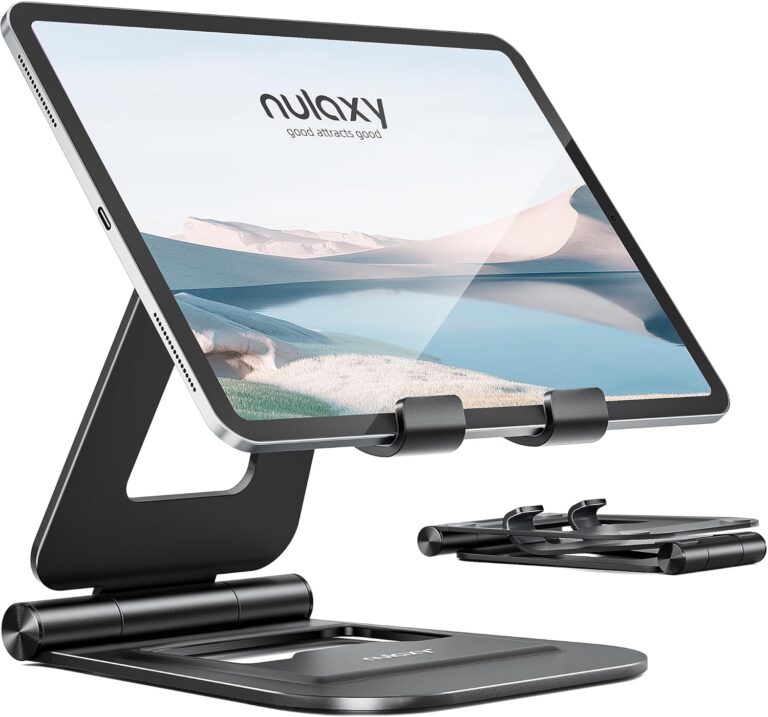 Nulaxy Aluminum Tablet Stand for Desk, Foldable Adjustable Desktop Tablet Stand Holder, iPad Accessories for Office Compatible with iPad Air/Mini/Pro 11/12.9/10.2, All 4-11” Mobile Devices, Black