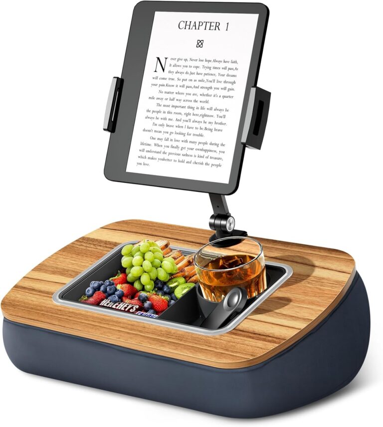 Tablet Pillow Stand for Lap Use,Adjustable iPad Holder with Snack Bowl,360° Rotating Clip for 4.7-13″ Kindle,Phone,Tablet.Ideal for Hands-Free Reading and Relaxation on Bed,Couch,Recliner,Gray