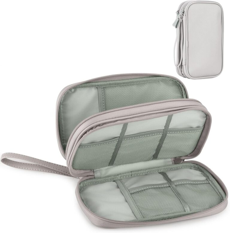 Arae PU Leather Travel Essentials Electronic Organizer – Double Layer, Waterproof Case for Cables, Chargers & More – Portable, Shockproof Pouch for All Electronics Accessories (Leather Gray, M)