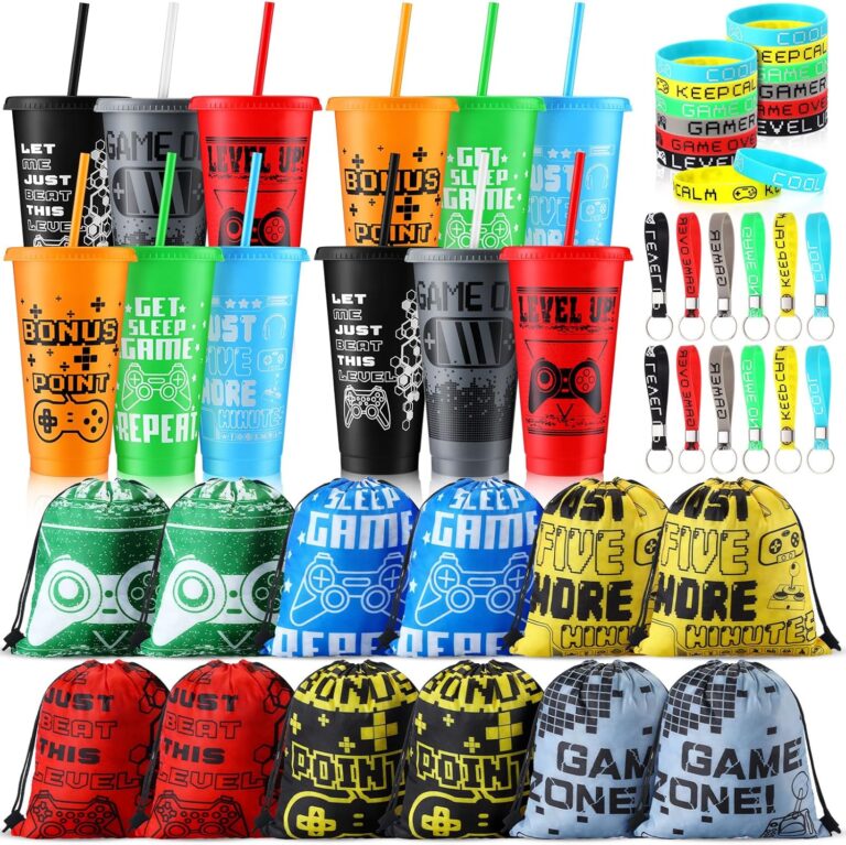 Mifoci 48 Pcs Video Game Party Favors Include 12 Gaming Plastic Cups 24 oz with Lids and Straws 12 Video Game Drawstring Backpack Bag Silicone Bracelets and Silicone Keychains(Mixed Colors)