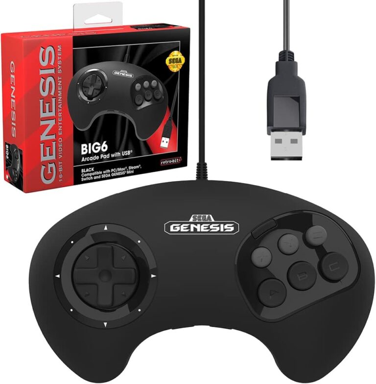 Retro-Bit BIG6 USB Arcade Controller Pad for Sega Genesis Mini, Switch, PC, Mac, Steam, RetroPie, Raspberry Pi – USB Port – Black