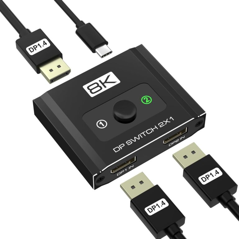 DisplayPort Switch 2 in 1 Out, 8K@60Hz DP 1.4 Switcher Selector Box, Unidirectional Display Port Switcher for Dual PCs & Gaming Consoles, 4K@144Hz DP Switch with DSC Support (DP Cables Not Included)