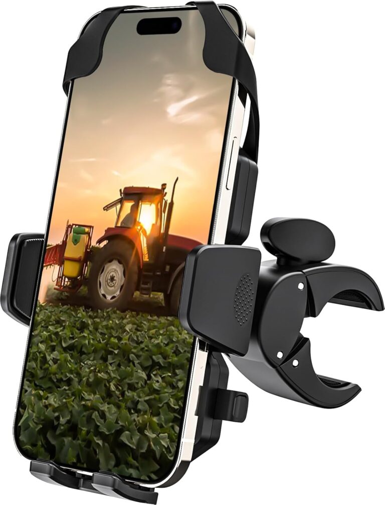 Tractor Phone Clamp Mount, [Upgraded Secure Tether] Stable Cellphone Clip for Forklift/Farming Machine, A Pillar Grab Holder for iPhone 16 15 14, Galaxy S25 S24, 4-7″ Phone with Thick Case
