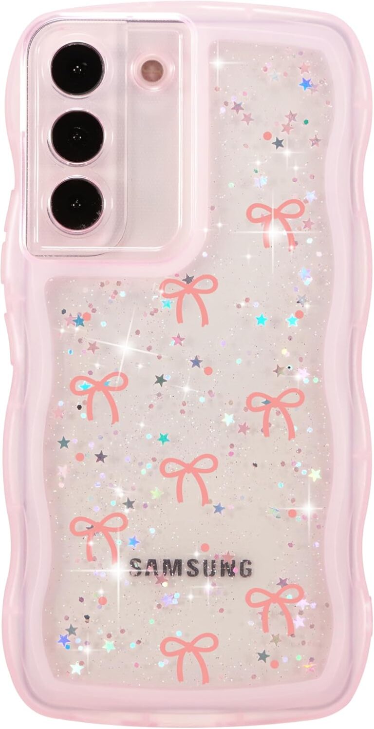 ZTOFERA for Samsung Galaxy S22 Plus Case Wavy Edge,Glitter Star & Bow Pattern Phone Case Cute for Girl Women, Soft TPU Shockproof Full Protection Clear Phone Cover for Samsung S22 Plus-Pink Bow