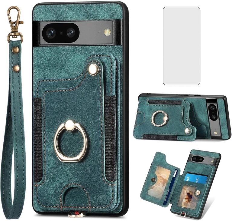 Asuwish Phone Case for Google Pixel 7 5G Wallet Cover with Tempered Glass Screen Protector and Wrist Strap Lanyard RFID Card Holder Ring Stand Cell Accessories Pixel7 Pixle Seven 6.3 Women Men Green