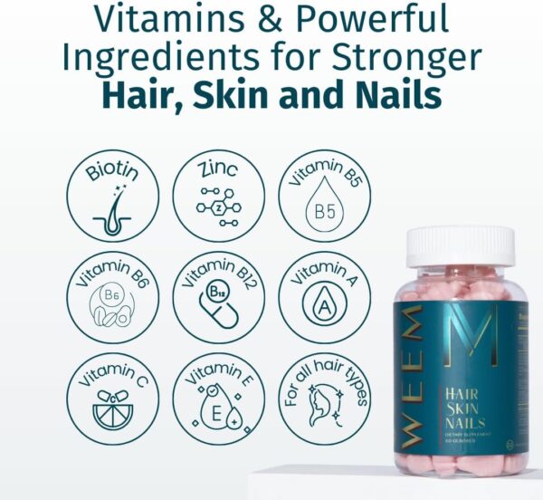 1782002068_61JYF12E3qL._AC_SL1080_.jpg WEEM Hair Skin and Nails Gummies - Supports Healthy Hair - Vegan biotin Vitamins for Women & Men Supports Faster Hair Growth, Stronger Nails, Healthy Skin, Extra Strength (2)