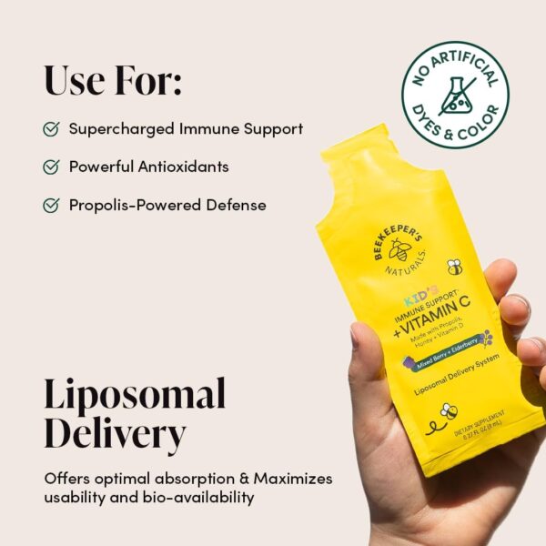 1782152656_61lqK5bGTfL._AC_SL1080_.jpg Beekeeper's Naturals Kid's Immune Liposomal Vitamin C, 500 mg Vitamin C, Elderberry, Vitamin D, Propolis & Honey, Kid-Friendly Immune Support - Mixed Berry Flavor, Easy to Use, Bioavailable, 30 Ct