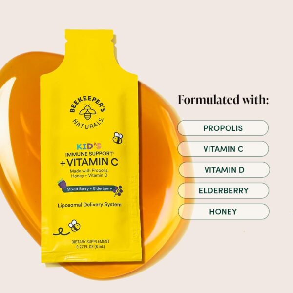 1782152659_615uI0hBQrL._AC_SL1080_.jpg Beekeeper's Naturals Kid's Immune Liposomal Vitamin C, 500 mg Vitamin C, Elderberry, Vitamin D, Propolis & Honey, Kid-Friendly Immune Support - Mixed Berry Flavor, Easy to Use, Bioavailable, 30 Ct