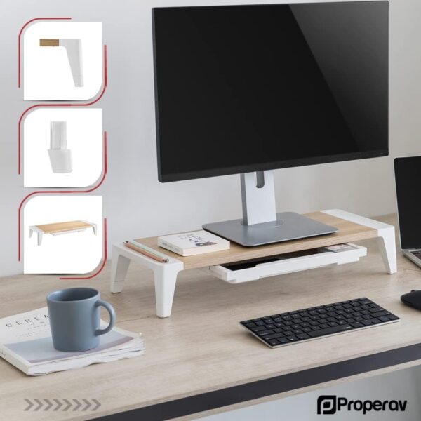 Properav Universal Computer Monitor Desk Riser Stand with Drawer Storage for PC TV Laptop - Wood Effect