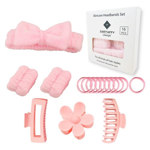 51hSwWXOTlL._SL1000_.jpg 16pcs Skincare Headband Set, Headband Set for Face Washing Spa and Makeup, Including 1 Hairband, Wristband, 3 Hair Claw Clips and 10 Hair Ties, with Box, Gift for Women and Girls, Pink