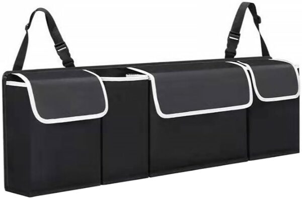 51oAYjI-qTL._AC_SL1500_.jpg ASelected Car Trunk Organizer 90 x 25 x 12 cm with Adjustable Straps for SUV Foldable with Multiple Compartments Waterproof PVC Trunk Storage Space Saving, Black