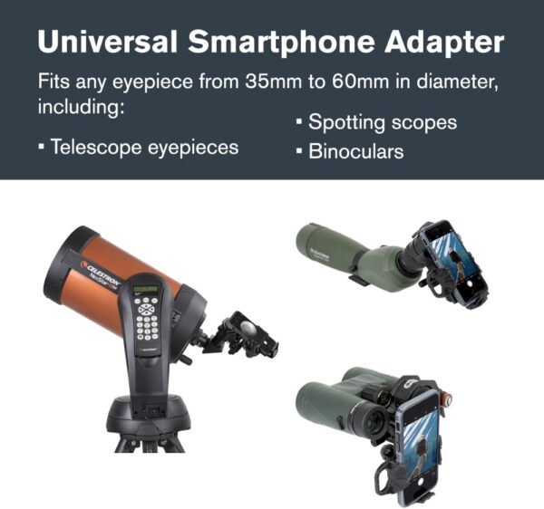 Celestron 81055 NexYZ 3-Axis Universal Smartphone Adapter, Patented Design - Works with Telescopes, Spotting Scopes, Binoculars, Monoculars and Microscopes, Black
