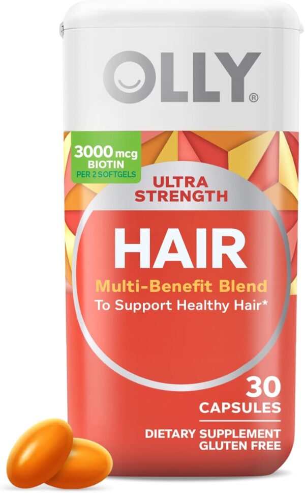 610Tnd2GOCL._AC_SL1500_.jpg OLLY Ultra Strength Hair Softgels, Supports Hair Health, Biotin, Keratin, Vitamin D, B12, Hair Supplement, 30 Day Supply - 30 Count (Packaging May Vary)