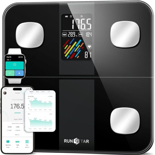 612PrYqUMeL._SL1500_.jpg RunStar Smart Scale for Body Weight and Fat Percentage, High Accuracy Digital Bathroom Scale with Large Display for BMI Heart Rate 22 Body Composition Analyzer Sync with Fitness App 400lb