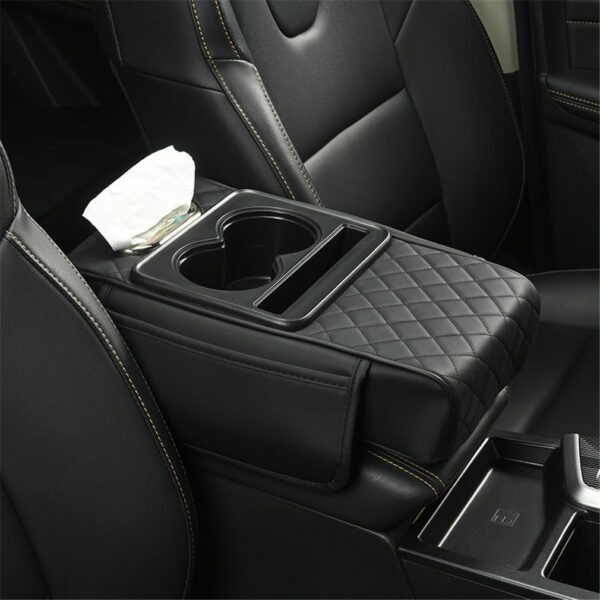 Car Armrest Storage Box, Center Console Cover Cushion, 4 In 1 Car Tissue Boxes Organiser Cup Holder Multifunctional organiser, for Most Vehicles, SUV, and Trucks (Black)