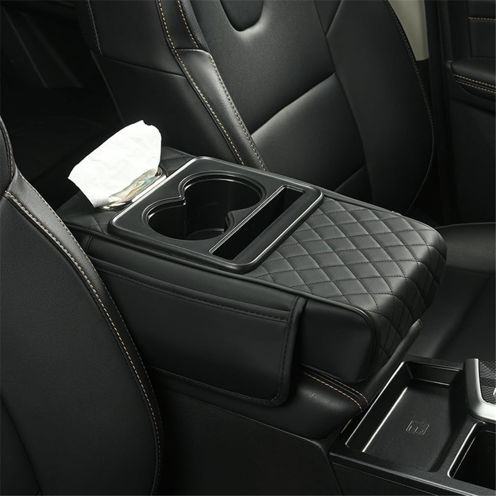 612tNXmMJKL._AC_SL1010_.jpg Car Armrest Storage Box, Center Console Cover Cushion, 4 In 1 Car Tissue Boxes Organiser Cup Holder Multifunctional organiser, for Most Vehicles, SUV, and Trucks (Black)