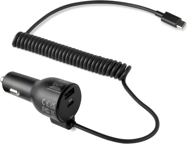 Amazon Basics Fast-Charging Car Charger for Phone and Tablet, 1 USB-C+1 USB-A +1 Built-in 1.5m Coiled Cable USB-C, 60w, Black