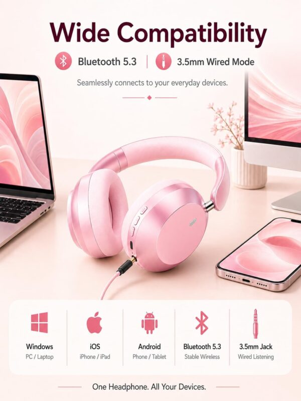 Wentronic Y05 Bluetooth Over-Ear Headphones with Active Noise Cancelling, Hi-Res Audio, 48H Playtime, Built-in Mic, Wired/Wireless, Works with iOS, Android & PC, Pink