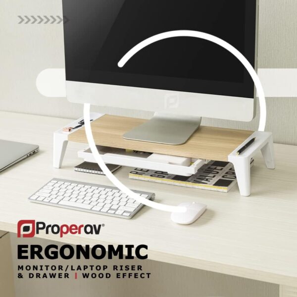 Properav Universal Computer Monitor Desk Riser Stand with Drawer Storage for PC TV Laptop - Wood Effect