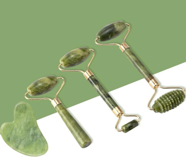 Jade Roller & Gua Sha Set 5-in-1, Full Body Massage Tools | Gua Sha Facial Tool Set Portable cooling Xiuyan Jade design for skincare, travel and gifting.