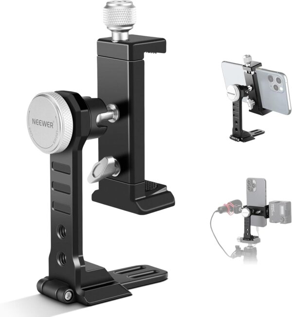 61C5rW6oXUL._AC_SL1500_.jpg NEEWER Smartphone Tripod Mount Aluminum Alloy, 360° Rotatable Phone Stand Holder Clamp with Cold Shoe & Arca Type Base Compatible with iPhone 15 Pro Max Galaxy S24 Ultra Pixel & 2.6"-4" Wide Phones