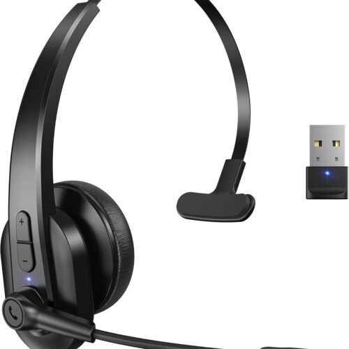 Sarevile Bluetooth Headset with USB Dongle for Computer, Single-Ear Wireless Headset with Noise Cancelling Microphone for Office & Truckers, Bluetooth V5.2 with Mute Button for Work