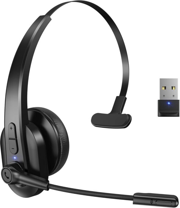 61DF5hiMFSL._AC_SL1500_.jpg Sarevile Bluetooth Headset with USB Dongle for Computer, Single-Ear Wireless Headset with Noise Cancelling Microphone for Office & Truckers, Bluetooth V5.2 with Mute Button for Work