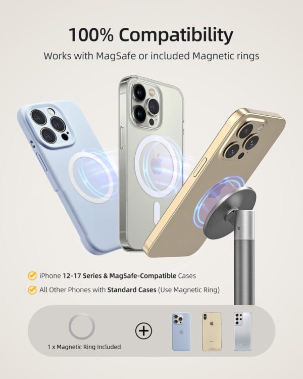 Nulaxy Magnetic Cell Phone Stand with 2 Metal Rings, 360 Rotating Fully Aluminum Smartphone Stand for Desk, Office Accessories Adjustable Phone Holder Compatible with All Phones MagSafe Case, Grey