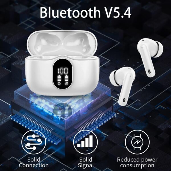 Btootos Wireless Earbuds Bluetooth 5.4 Headphones Bass Stereo Ear Buds with Noise Cancelling Mic LED Display in Ear Earphones IP7 Waterproof 36H Playtime for Laptop Pad Phones Sports Workout White