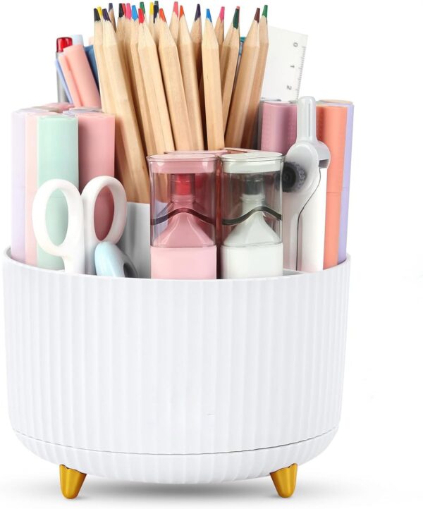 61Gobh9tSL._AC_SL1500_.jpg Desk Organisers Pen Holder 360° Rotating Makeup Organiser Stationary Desk Organisers with 5 Compartments Pen Pot for Home Office School Classroom, White