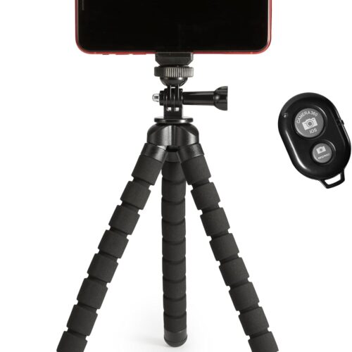 61HJHrS3WIL._AC_SL1500_.jpg Amazon Basics Portable and Flexible Tripod 25cm/10inch with Wireless Remote and Phone Holder, Black