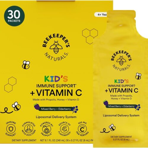 Beekeeper's Naturals Kid's Immune Liposomal Vitamin C, 500 mg Vitamin C, Elderberry, Vitamin D, Propolis & Honey, Kid-Friendly Immune Support - Mixed Berry Flavor, Easy to Use, Bioavailable, 30 Ct