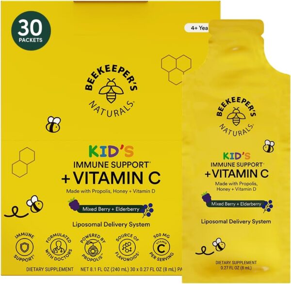 61I6Pi5R0ML._AC_SL1080_.jpg Beekeeper's Naturals Kid's Immune Liposomal Vitamin C, 500 mg Vitamin C, Elderberry, Vitamin D, Propolis & Honey, Kid-Friendly Immune Support - Mixed Berry Flavor, Easy to Use, Bioavailable, 30 Ct