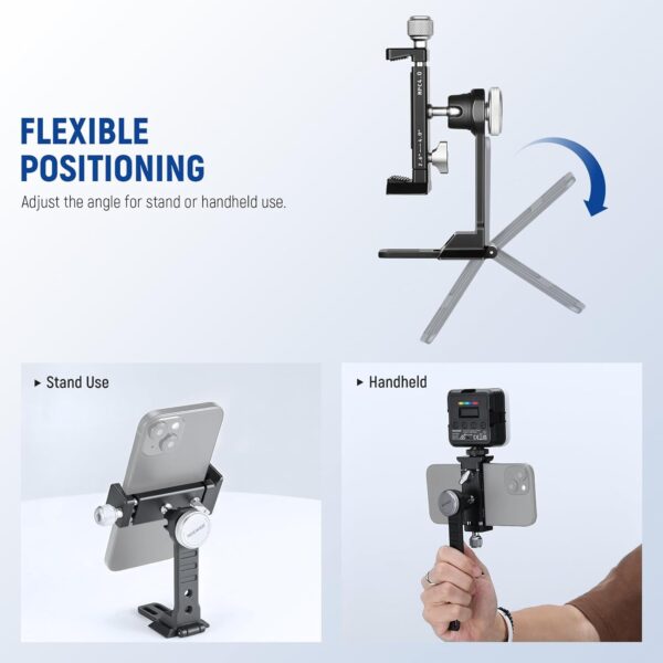 61I8gs9GhvL._AC_SL1500_.jpg NEEWER Smartphone Tripod Mount Aluminum Alloy, 360° Rotatable Phone Stand Holder Clamp with Cold Shoe & Arca Type Base Compatible with iPhone 15 Pro Max Galaxy S24 Ultra Pixel & 2.6"-4" Wide Phones