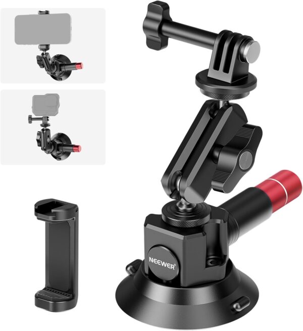 61Ivzyj421L._AC_SL1500_.jpg NEEWER 3" Suction Cup Camera Mount Bracket with Ball Head Magic Arm, 1/4" ARRI Holes, Quick Release Car Mount with Holder & Action Cam Adapter Compatible with DJI Insta360, CA104