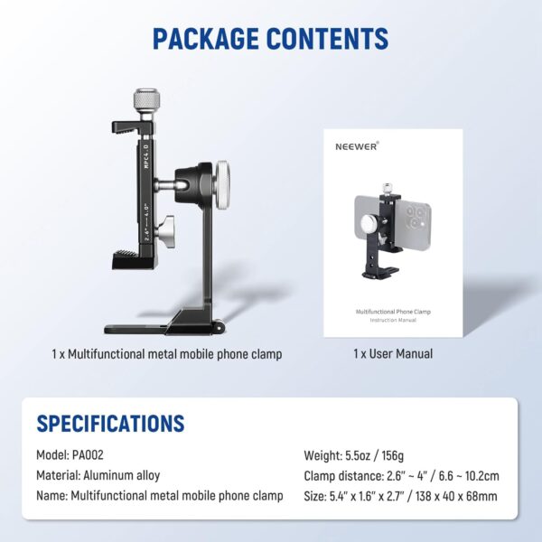 61KdbpfhUwL._AC_SL1500_.jpg NEEWER Smartphone Tripod Mount Aluminum Alloy, 360° Rotatable Phone Stand Holder Clamp with Cold Shoe & Arca Type Base Compatible with iPhone 15 Pro Max Galaxy S24 Ultra Pixel & 2.6"-4" Wide Phones