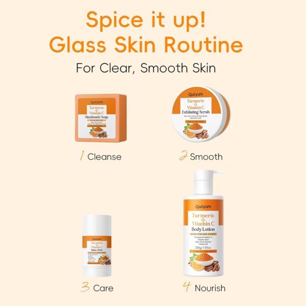 QUIYUM Turmeric Vitamin C Body Care Set - 4-in-1 with Scrub, Body Lotion, Moisturizing Stick & Handmade Soap, Bonus Bath Sponge | Exfoliating Hydrating for All Skin Types