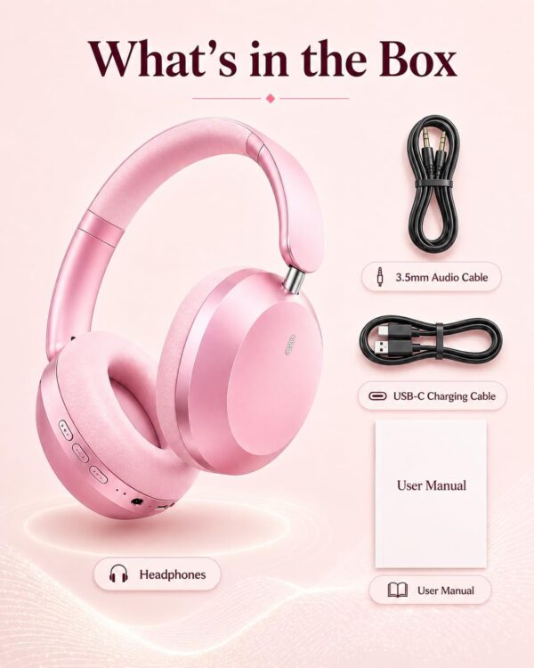 Wentronic Y05 Bluetooth Over-Ear Headphones with Active Noise Cancelling, Hi-Res Audio, 48H Playtime, Built-in Mic, Wired/Wireless, Works with iOS, Android & PC, Pink