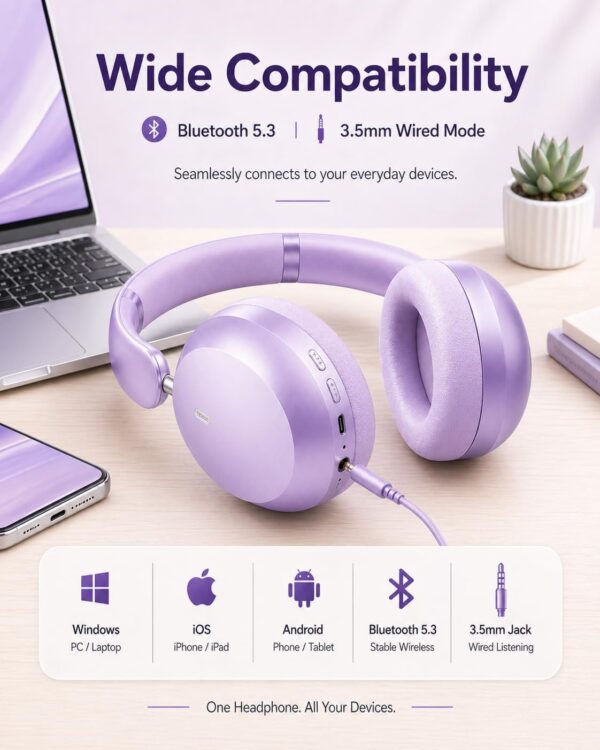 Wentronic Y05 Bluetooth Over-Ear Headphones with Active Noise Cancelling, Hi-Res Audio, 48H Playtime, Built-in Mic, Wired/Wireless, Works with iOS, Android & PC, Purple