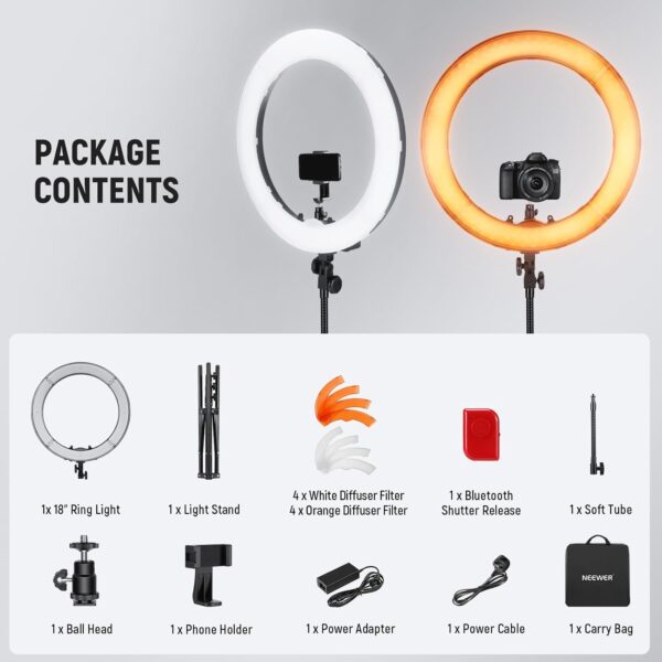 61QOHNSDwsL._AC_SL1500_.jpg NEEWER Ring Light Kit: 18"/45cm Outer 55W 5600K Dimmable LED Ring Light, Light Stand, Carrying Bag for Camera, Smartphone, YouTube, TikTok, Self Portrait Shooting, Black