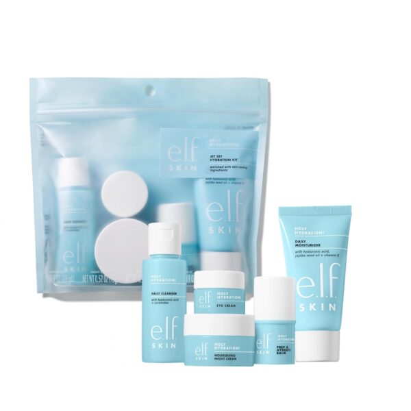 61QjtIrjK9L._SL1500_.jpg e.l.f. SKIN Holy Hydration! Jet Set Hydration Kit, Travel Friendly Hydrating Skincare Set, Face Cleanser, Balm, Moisturizer, Eye Cream & Night Cream, Vegan & Cruelty-Free