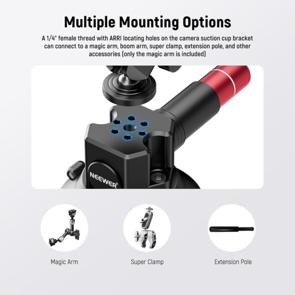 61UfhM32J9L._AC_SL1500_.jpg NEEWER 3" Suction Cup Camera Mount Bracket with Ball Head Magic Arm, 1/4" ARRI Holes, Quick Release Car Mount with Holder & Action Cam Adapter Compatible with DJI Insta360, CA104