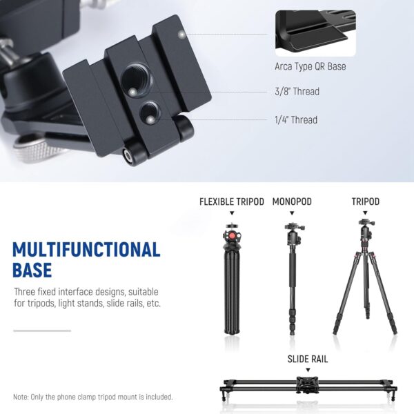 61Vp-ALsFL._AC_SL1500_.jpg NEEWER Smartphone Tripod Mount Aluminum Alloy, 360° Rotatable Phone Stand Holder Clamp with Cold Shoe & Arca Type Base Compatible with iPhone 15 Pro Max Galaxy S24 Ultra Pixel & 2.6"-4" Wide Phones
