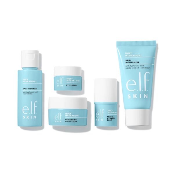 61XfZzBG1dL._SL1500_.jpg e.l.f. SKIN Holy Hydration! Jet Set Hydration Kit, Travel Friendly Hydrating Skincare Set, Face Cleanser, Balm, Moisturizer, Eye Cream & Night Cream, Vegan & Cruelty-Free